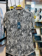 Men’s Black & White Tropical Leaf Shirt – Short Sleeve Casual Wear